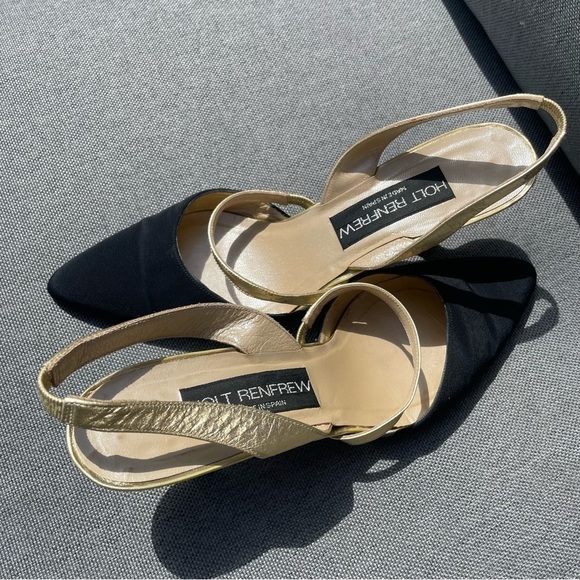 [8] Rare Vintage Holt Renfrew Black Canvas Closed Toed Kitten Heels Gold Straps - Picture 6 of 12